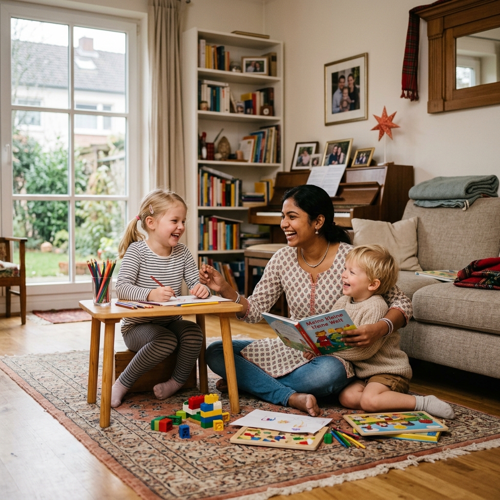 A warm and heartfelt scene of a young Indian au pair joyfully playing with two young German children in a cozy, sun-lit German living room — a moment of cultural exchange, trust and belonging in a welcoming host family