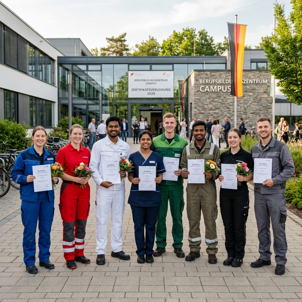 A diverse group of international students proudly completing their Ausbildung vocational training in Germany — wearing professional uniforms and smiling outside a modern German training facility, representing skilled trade success