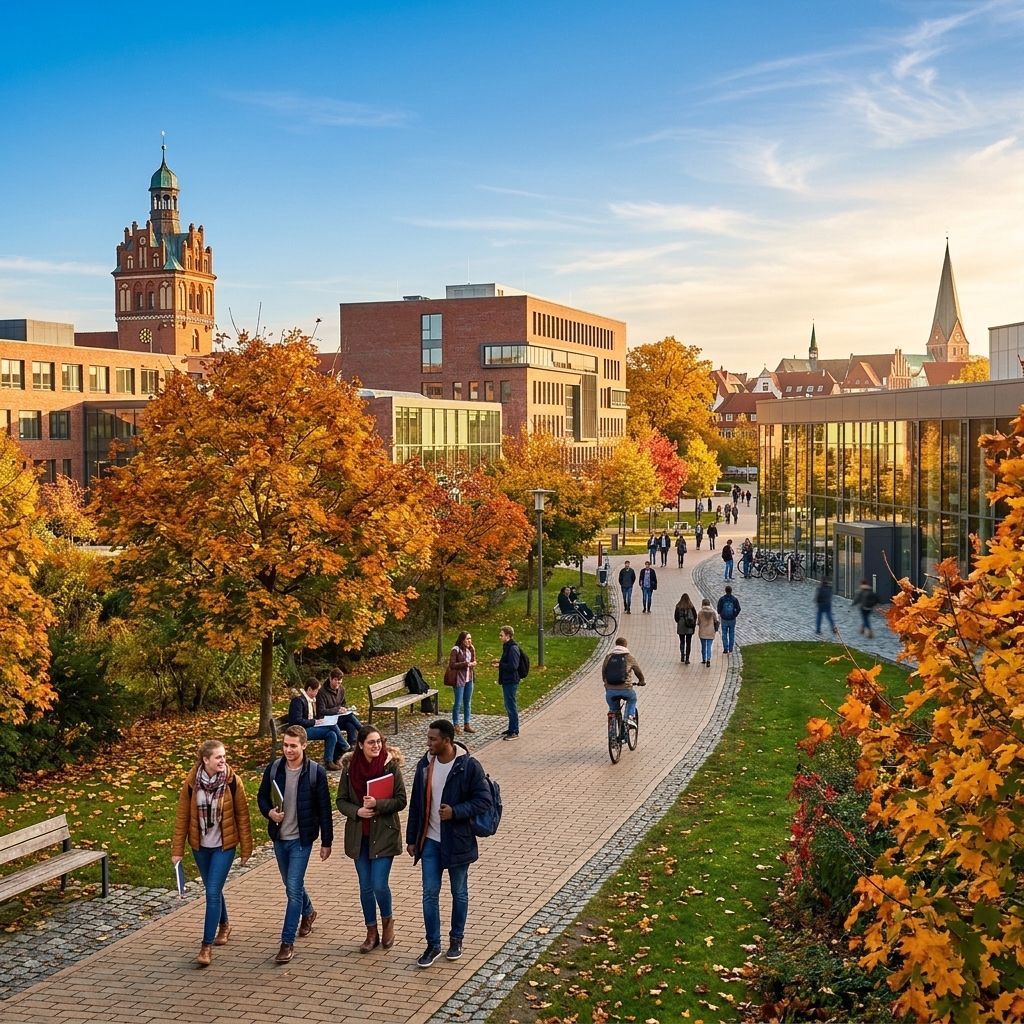 A panoramic view of a German university campus with tree-lined pathways, red-brick academic buildings, and international students walking in golden autumn sunlight — capturing the beauty and aspiration of studying in Germany