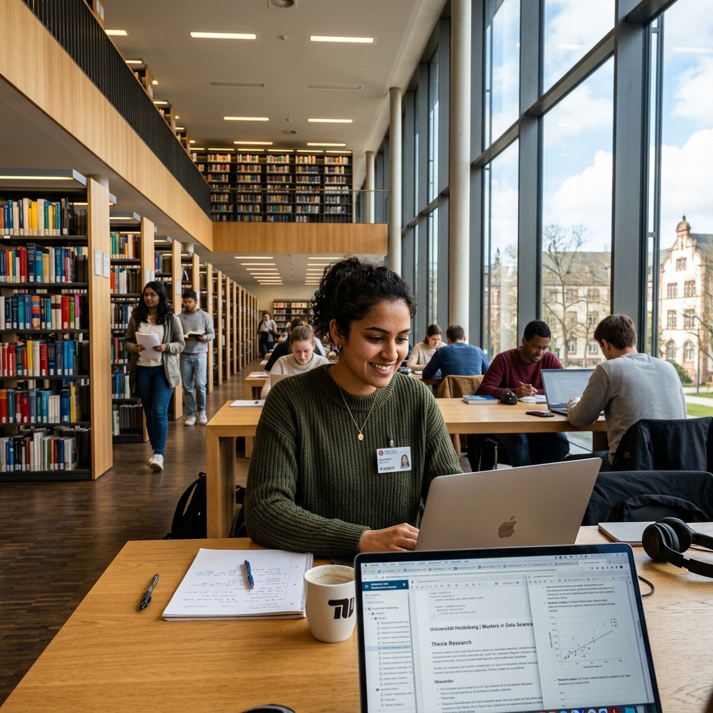 An international student deeply focused on a laptop inside a stunning German university library bathed in natural light — bookshelves stretching into the distance, symbolising academic ambition and the pursuit of a Masters degree in Germany